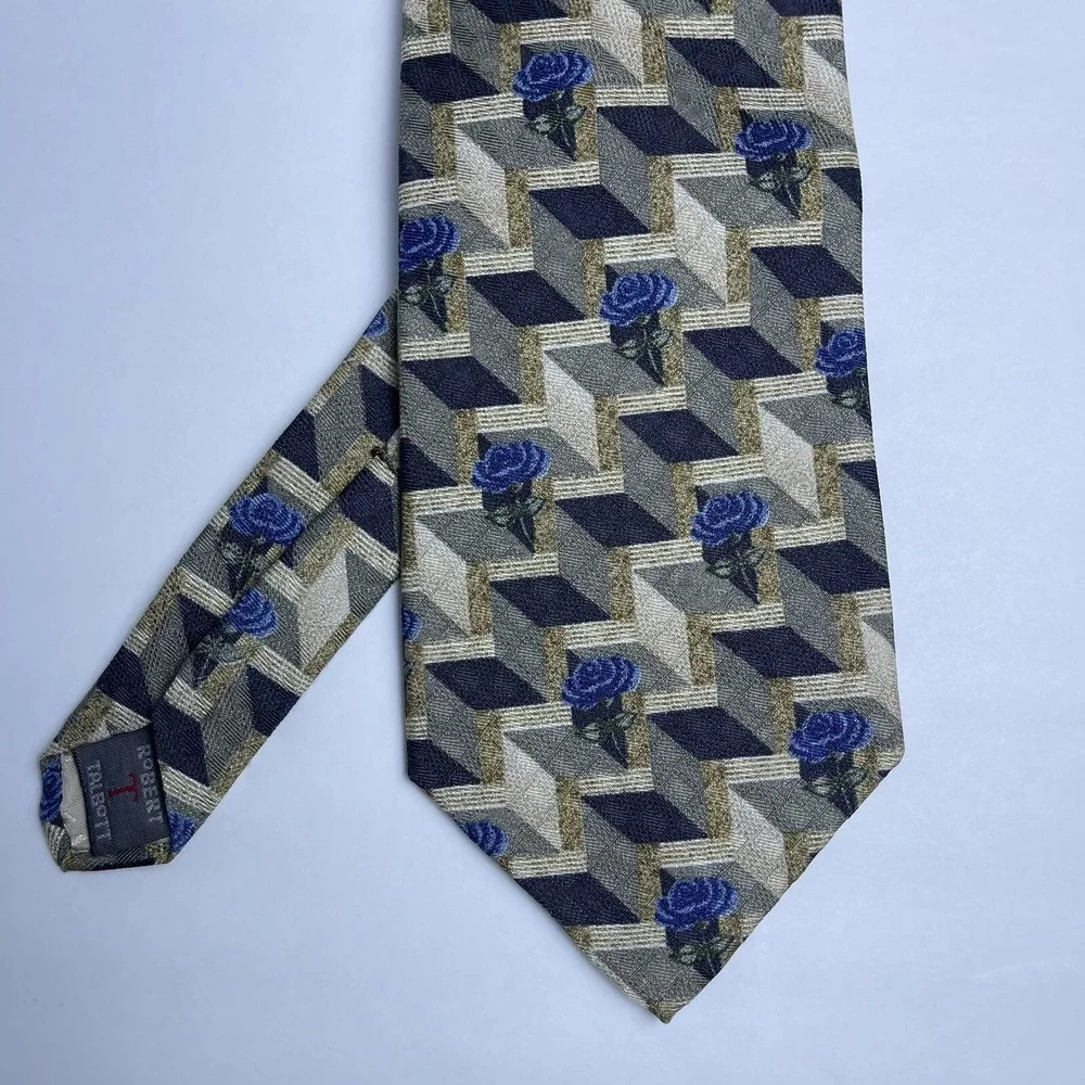 Robert Talbott‎ Nordstrom Men's Silk Necktie Designer Geometric Gold Blue Roses